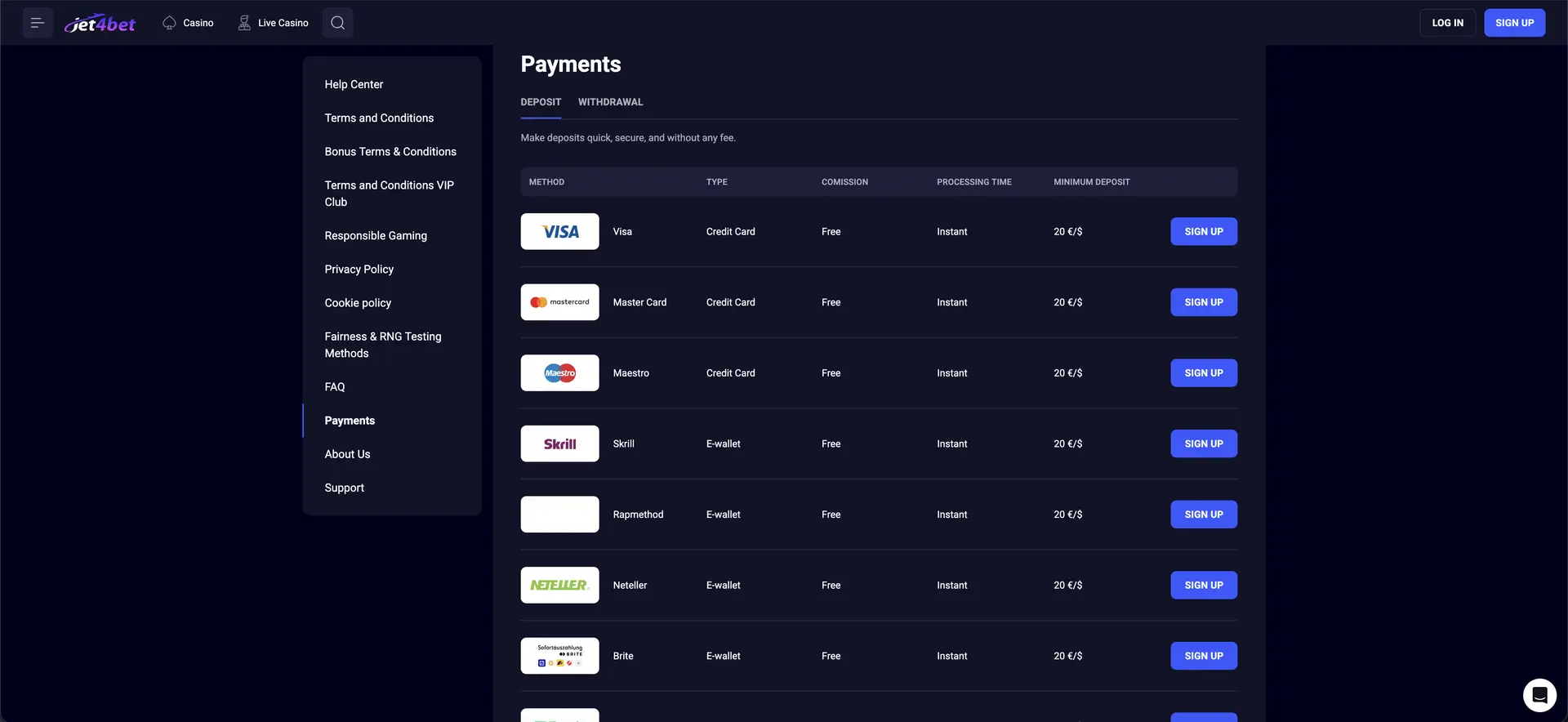 Jet4bet Deposit Methods Australia preview