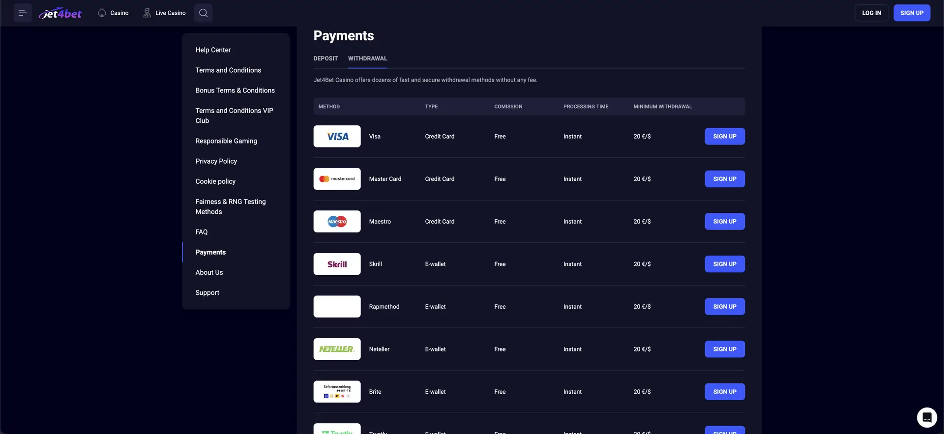 Jet4bet payment methods